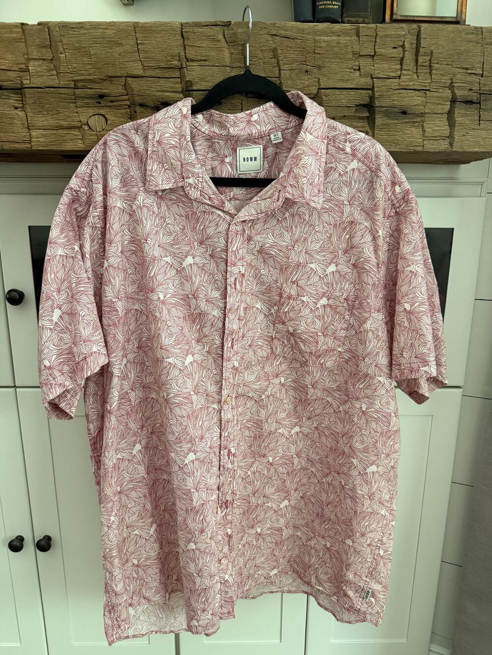 ROWM Big & Tall Short Sleeve Button Down Shirt 3XT Red White Leaf Print